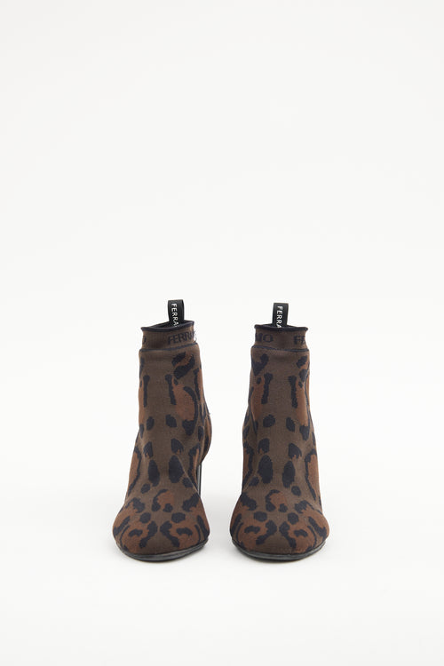 Ferragamo Brown Leopard Knit Boot