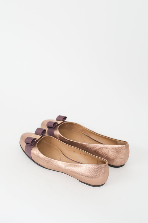 Ferragamo Bronze Leather Vara Bow Flat