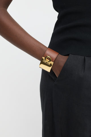 Ferragamo Brown 
Gold Gancio Wide Cuff Bracelet