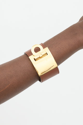 Ferragamo Brown 
Gold Gancio Wide Cuff Bracelet