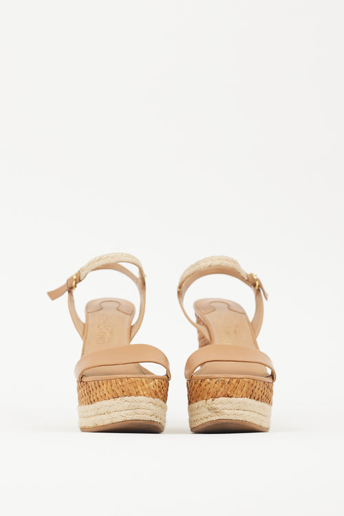 Ferragamo Brown Raffia Marlene Wedge Sandal