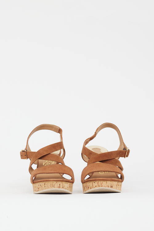 Ferragamo Brown Suede Cork Wedge Sandal