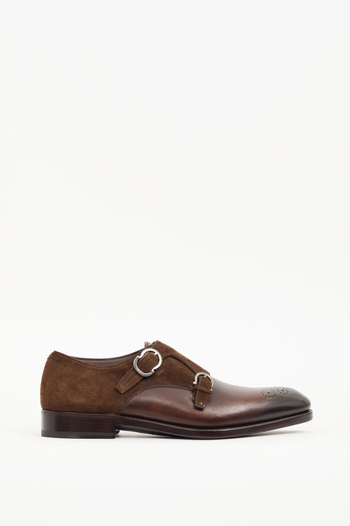 Ferragamo Brown Leather 
Suede Monk Strap Loafer