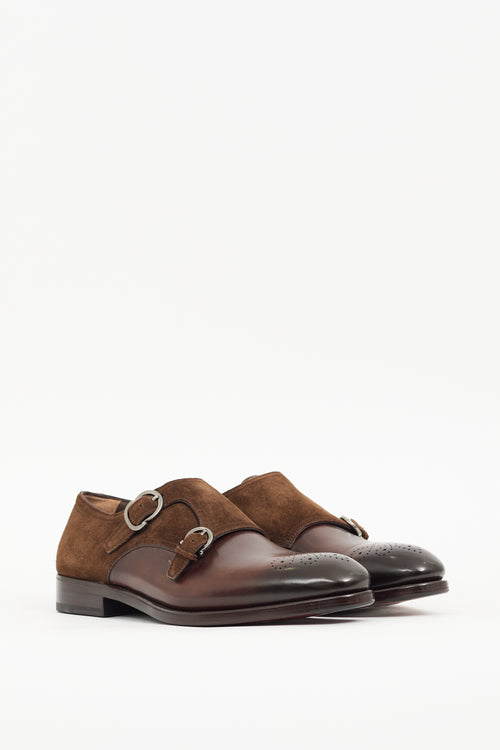 Ferragamo Brown Leather 
Suede Monk Strap Loafer