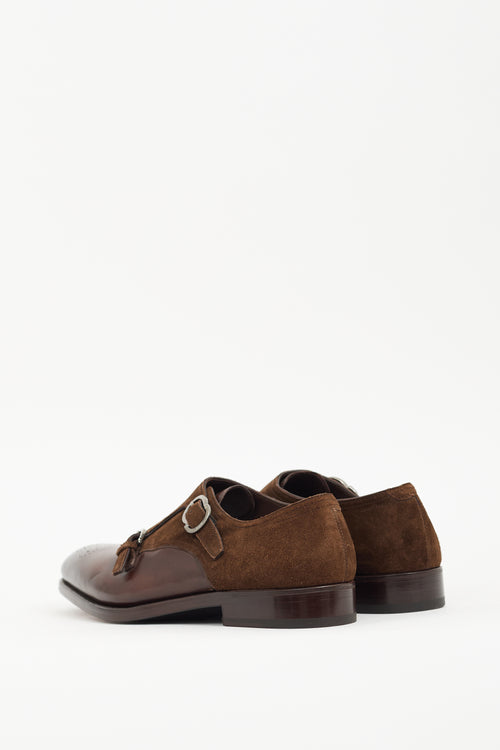 Ferragamo Brown Leather 
Suede Monk Strap Loafer