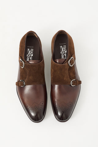 Ferragamo Brown Leather 
Suede Monk Strap Loafer