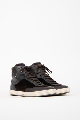 Ferragamo Brown Leather 
Velvet High Sneaker