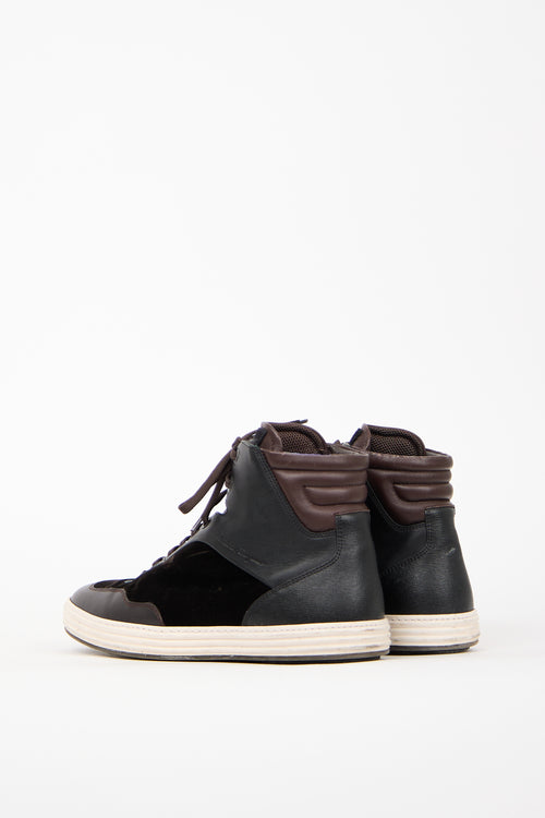 Ferragamo Brown Leather 
Velvet High Sneaker