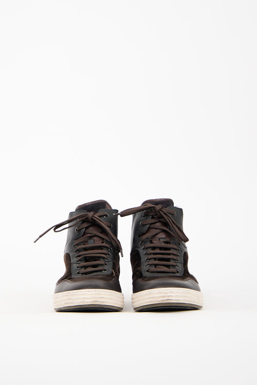 Ferragamo Brown Leather 
Velvet High Sneaker