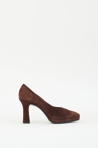 Ferragamo Brown Suede Curved Heel Pump