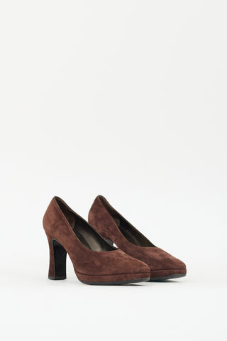 Ferragamo Brown Suede Curved Heel Pump