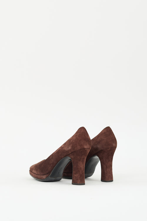 Ferragamo Brown Suede Curved Heel Pump