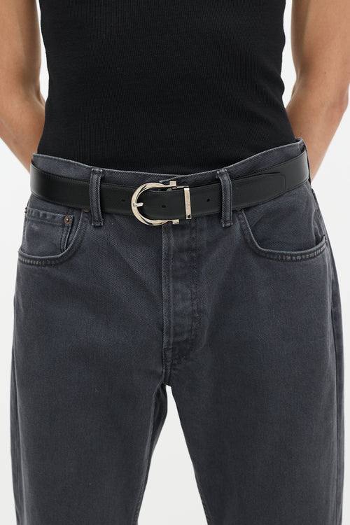 Ferragamo Dark Brown 
Black Leather Reversible Gancini Buckle Belt