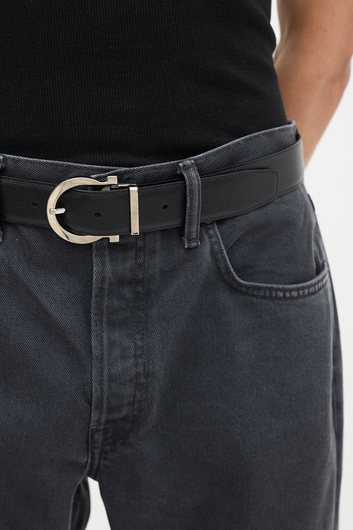 Ferragamo Dark Brown 
Black Leather Reversible Gancini Buckle Belt