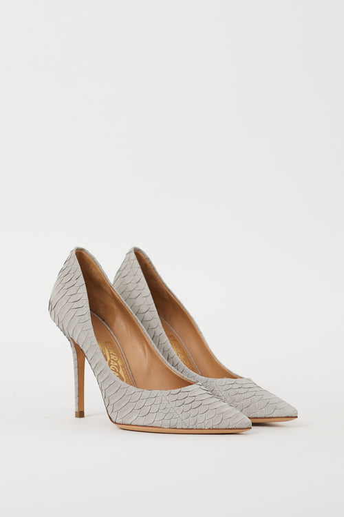 Ferragamo Grey Leather Susi Embossed Heel