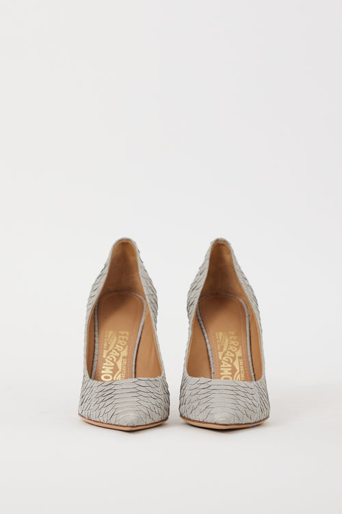 Ferragamo Grey Leather Susi Embossed Heel