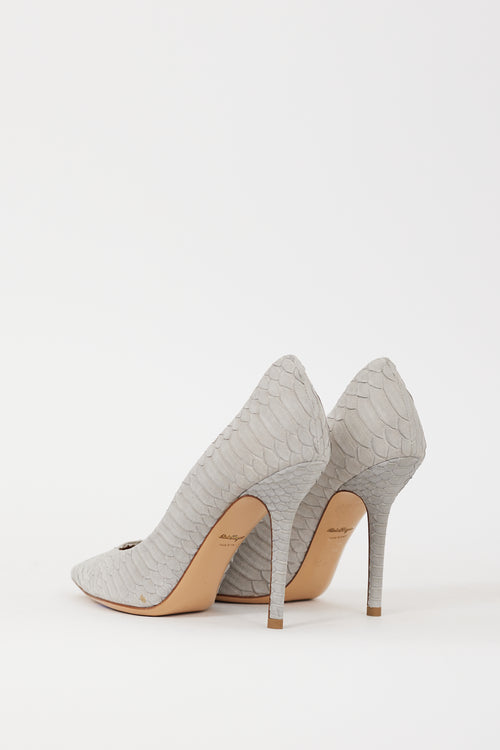 Ferragamo Grey Leather Susi Embossed Heel