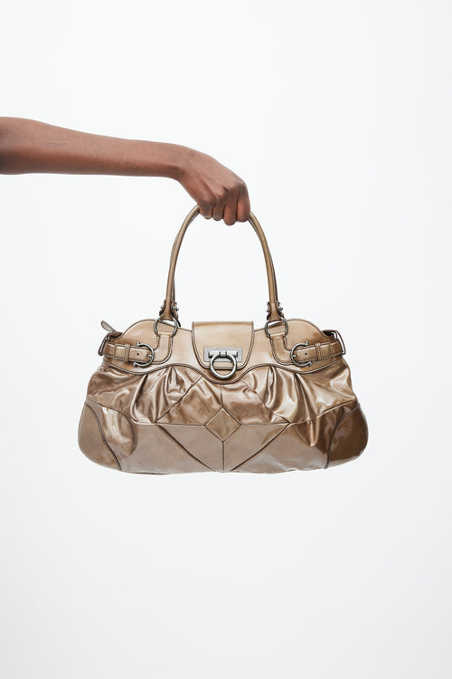 Ferragamo Khaki Brown Patent Leather Marisa Bag