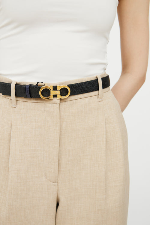 Ferragamo Navy 
Black Reversible Gancini Belt