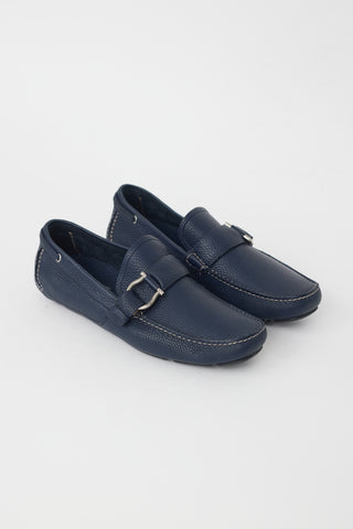 Ferragamo Navy Leather Gancini Buckle Loafer