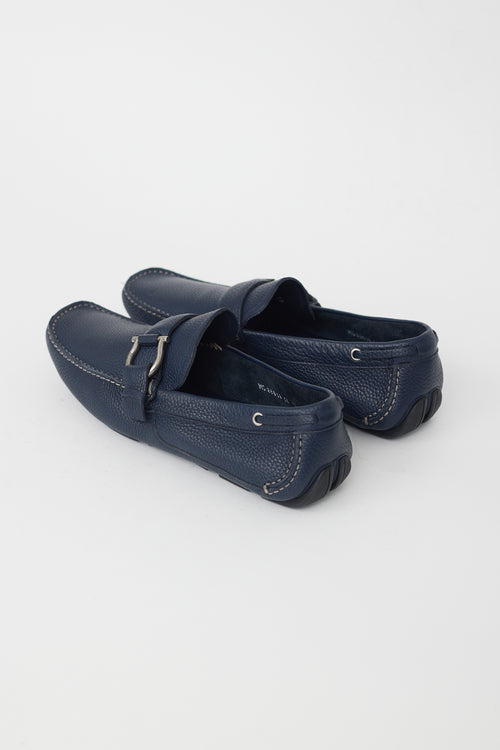 Ferragamo Navy Leather Gancini Buckle Loafer