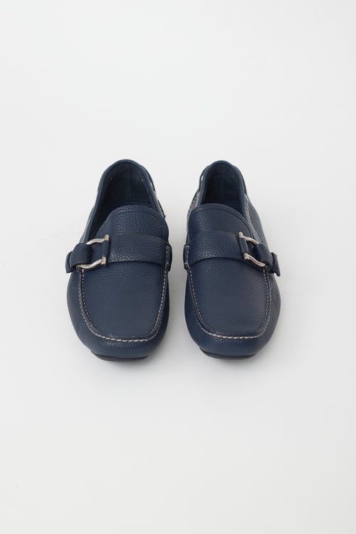 Ferragamo Navy Leather Gancini Buckle Loafer