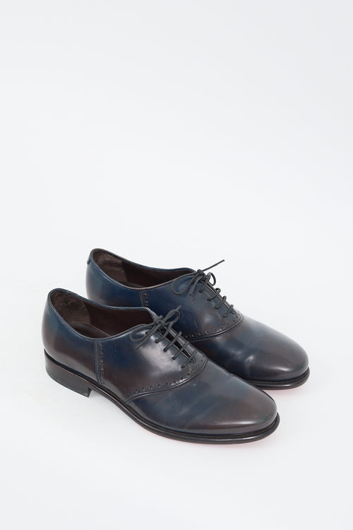 Ferragamo Navy 
Brown Leather Perforated Lace Up Oxford