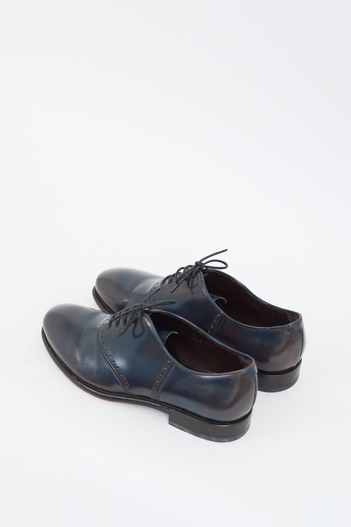 Ferragamo Navy 
Brown Leather Perforated Lace Up Oxford