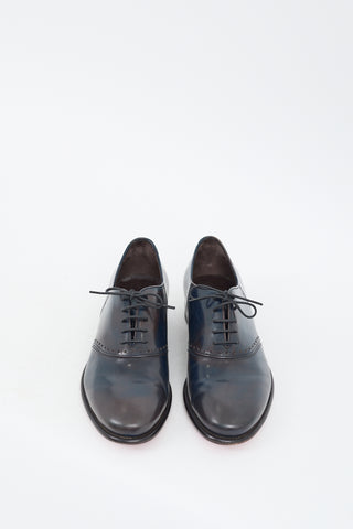 Ferragamo Navy 
Brown Leather Perforated Lace Up Oxford