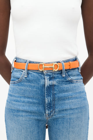 Ferragamo Orange Leather Gancini Slim Belt