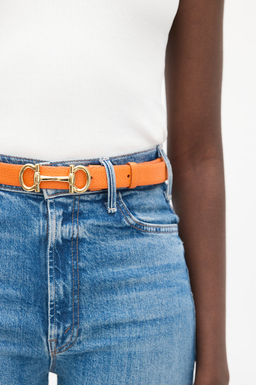 Ferragamo Orange Leather Gancini Slim Belt