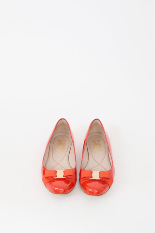 Ferragamo Orange Patent Leather Vara Bow Flat