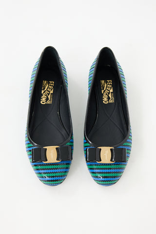 Ferragamo Patent Leather Striped Vara Bow Flat