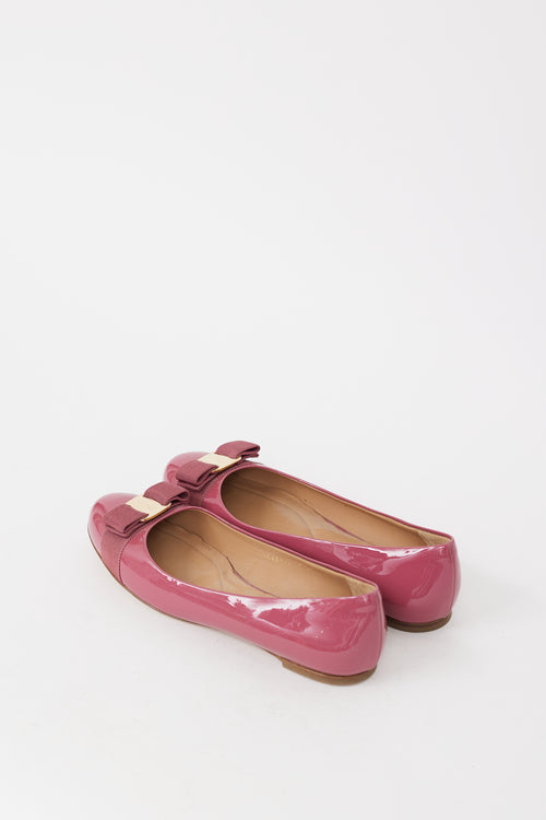 Ferragamo Pink 
Gold Patent Leather Vara Bow Flat