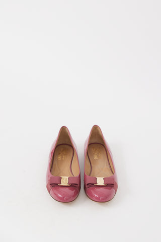 Ferragamo Pink 
Gold Patent Leather Vara Bow Flat