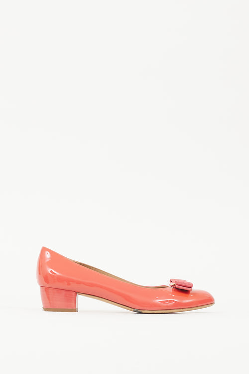 Ferragamo Pink 
Gold Patent Leather Vara Bow Pump