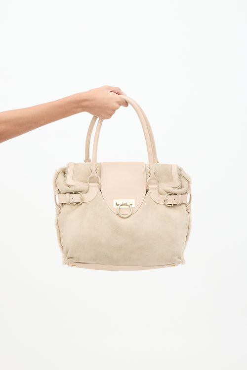 Ferragamo Pink Leather 
Beige Shearling Gancini Shoulder Bag