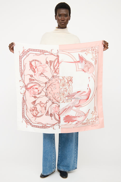 Salvatore Ferragamo Pink 
White Silk Scarf