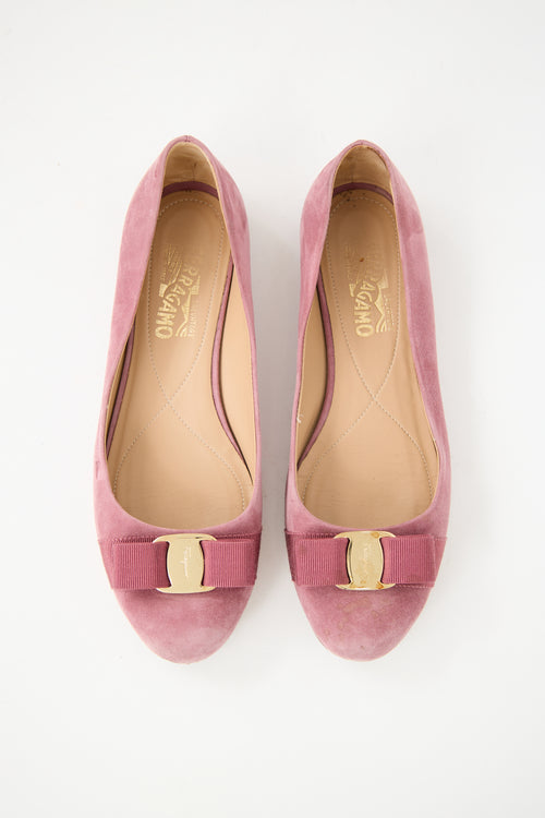 Ferragamo Pink Suede Varina Bow Flat