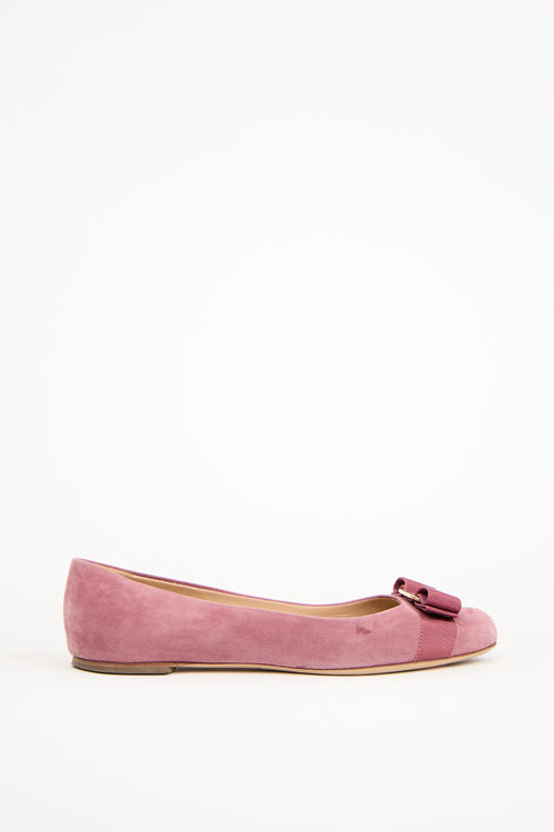 Ferragamo Pink Suede Varina Bow Flat