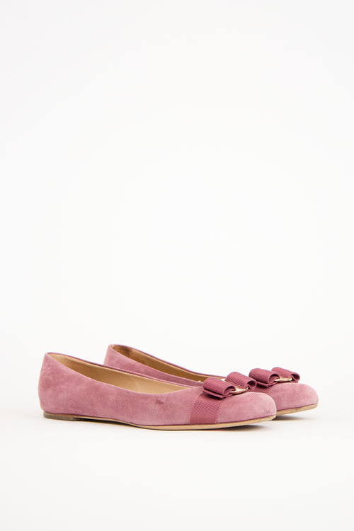 Ferragamo Pink Suede Varina Bow Flat