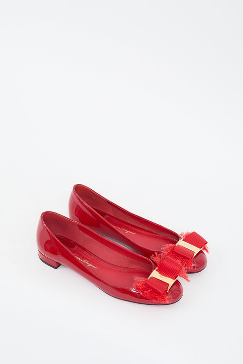 Ferragamo Red Patent Marlia Fringe Bow Ballet Flat