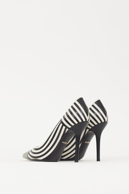 Ferragamo White 
Black Striped Susi Heel