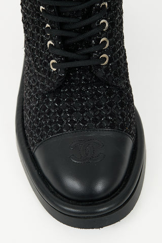 Chanel 2022 Leather 
Tweed Combat Boot