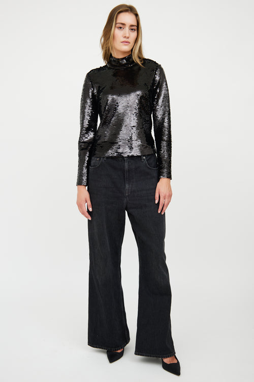 Frame Black Sequin Mock Neck Top