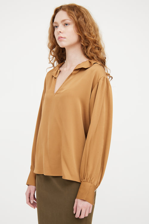 Frame Brown Silk Ruffled Top