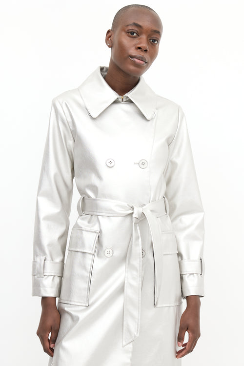 Freed Silver Metallic Faux Leather Belted Trench Coat