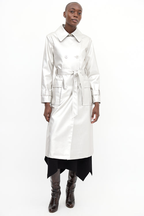 Freed Silver Metallic Faux Leather Belted Trench Coat