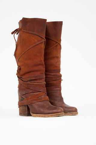 Free People Brown Leather Royal Rush Wrap Boot