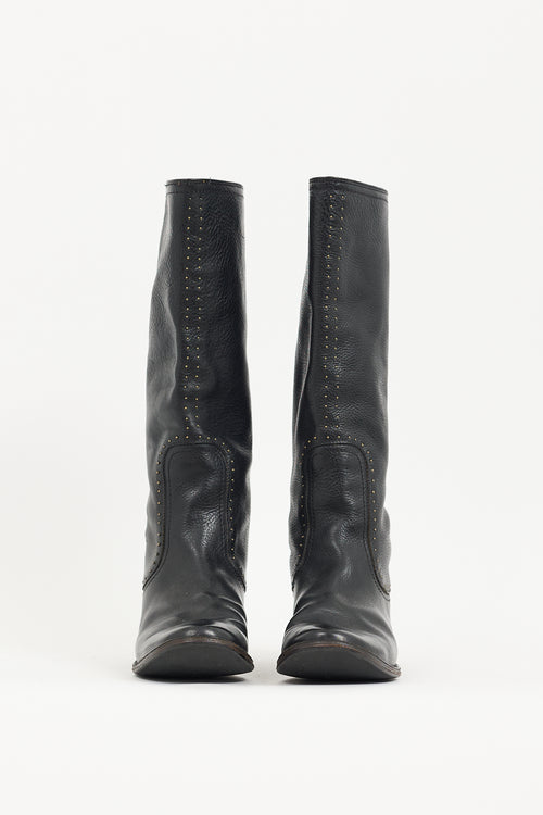 Frye Black Leather Paige Studded Knee High Boot